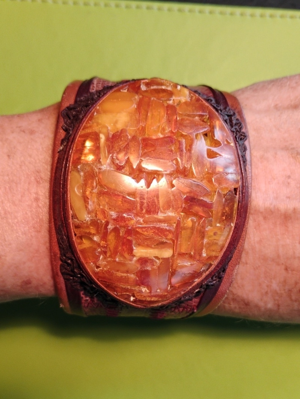 Artisan Amber Mosaic Leather Cuff Bracelet
